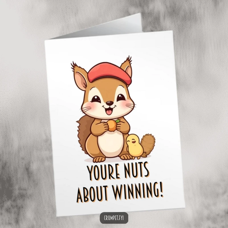Funny Free Printable congratulations card showing a happy squirrel in a beret offering nuts to a friend.
