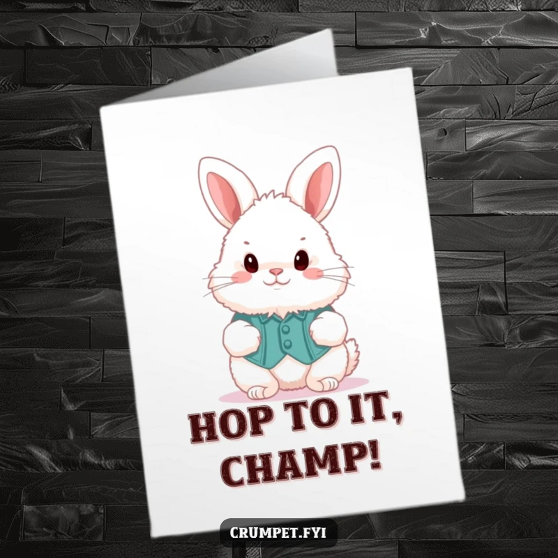 Funny Free Printable Congratulations Card: Fluffy Bunny in Waistcoat Hops Excitedly, Celebrating Achievement