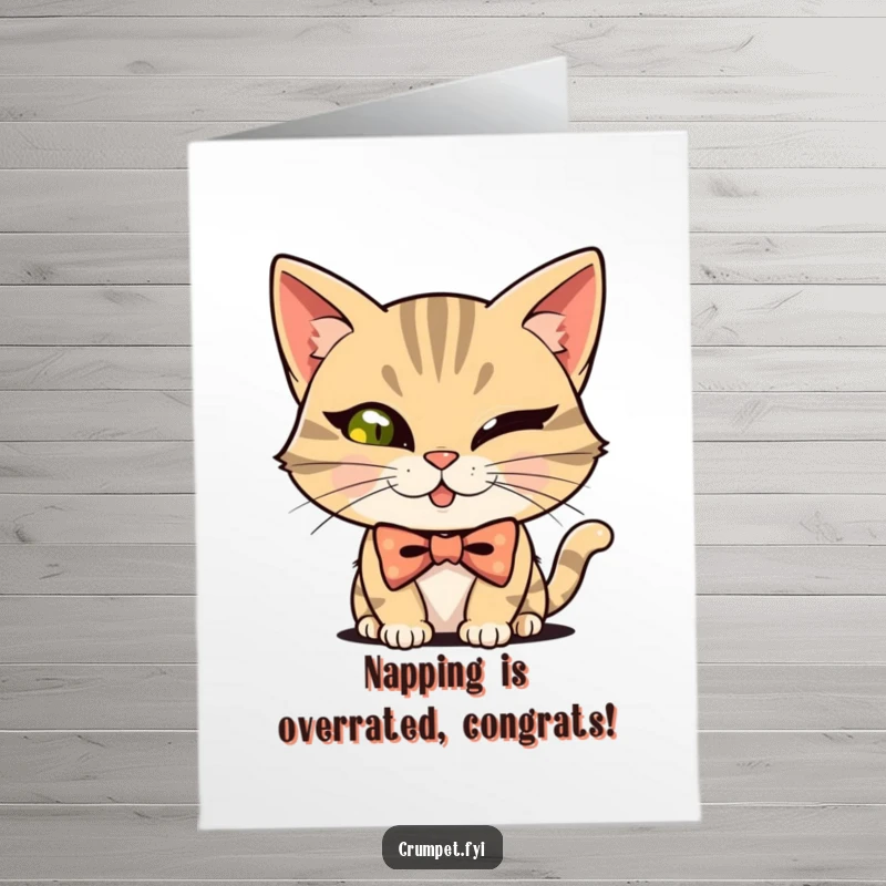 Funny Free Printable Congratulations Card: Mischievous Cat in Bowtie Winks Slyly, Congratulating Achievement