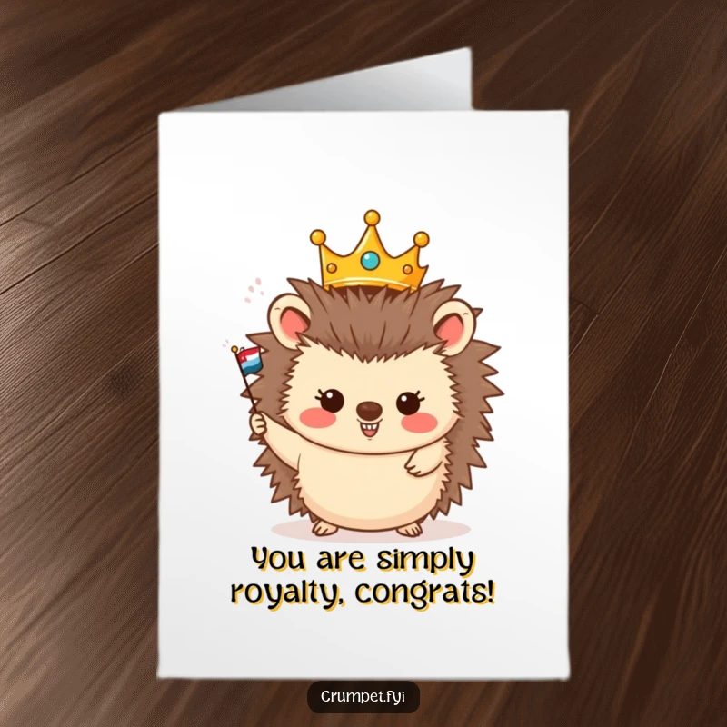 Funny Free Printable Congratulations Card: A cheerful hedgehog king waves a miniature flag, celebrating a momentous occasion with joy.