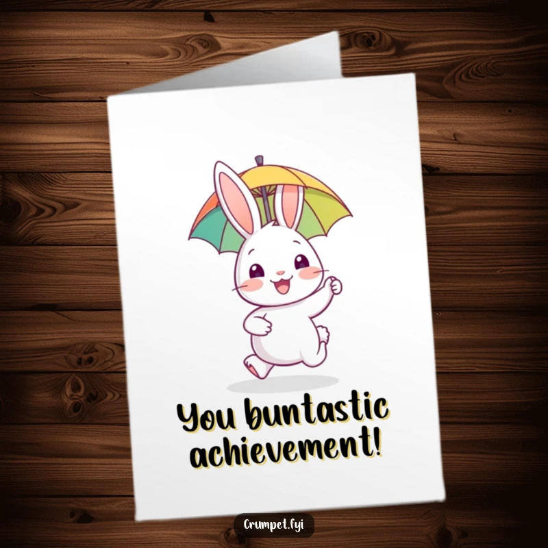 Funny Free Printable Congratulations Card: Happy rabbit joyfully hopping with a tiny biscuit, celebrating achievements.