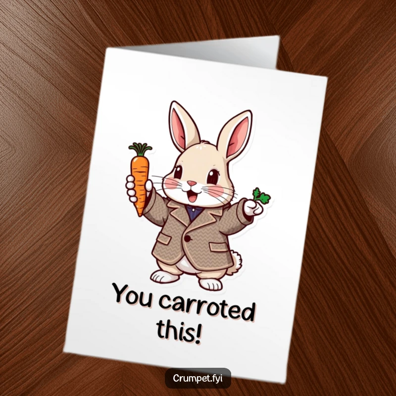 Funny Free Printable Congratulations Card: A rabbit in a tweed jacket enthusiastically points with a carrot, great for DIY congrats.