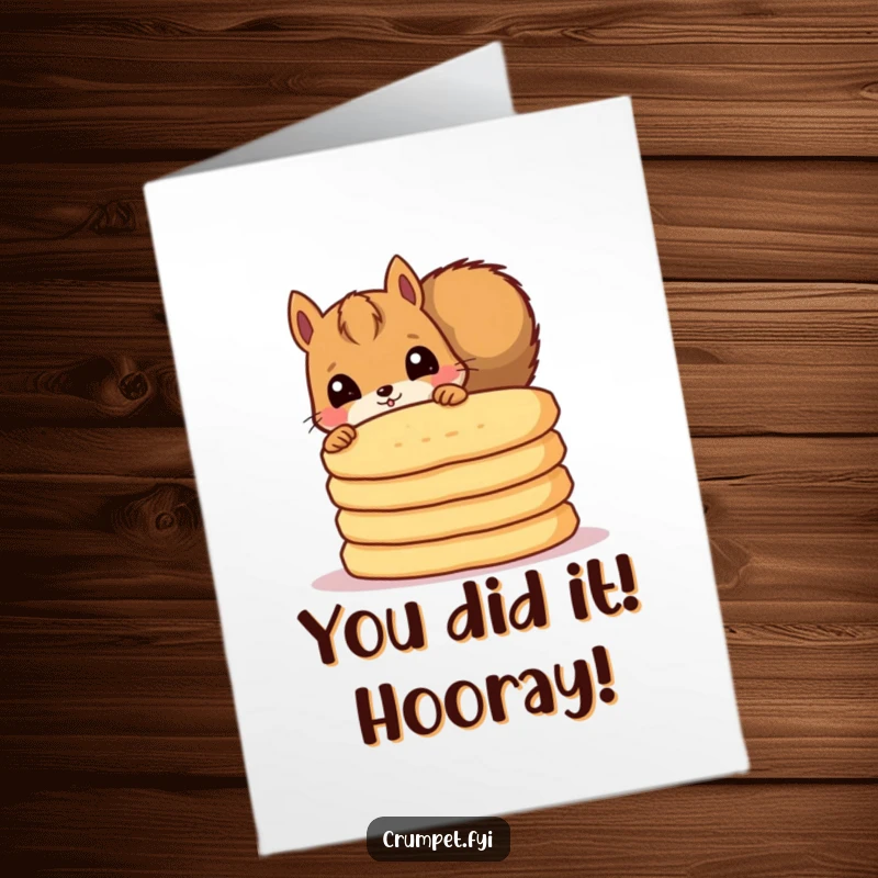 Free Printable Congratulations Card with a curious squirrel hiding behind crumpets, perfect for a funny DIY celebration.