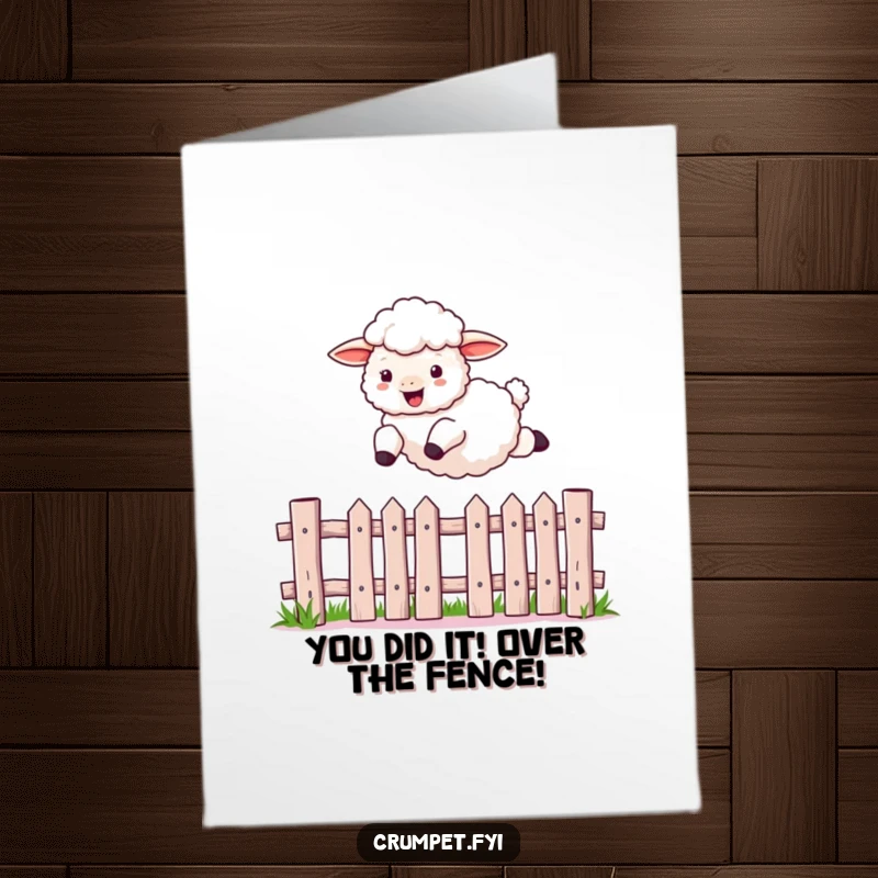 Funny Free Printable Congratulations Card: A fluffy sheep triumphantly leaping over a picket fence, signifying a big win.
