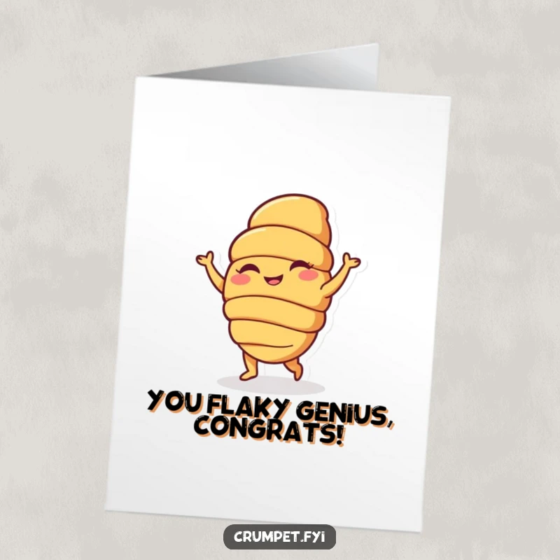 Funny Free Printable Congratulations Card: A happy croissant character performing a silly dance, a unique and funny way to say congrats, downloadable art.