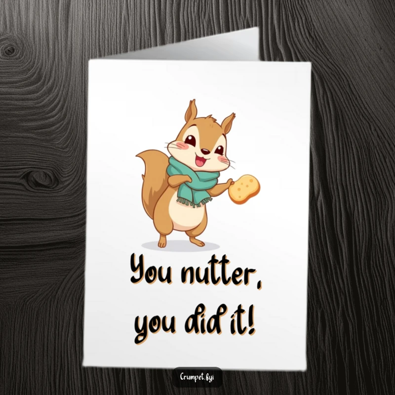 Funny Free Printable Congratulations Card: A squirrel wearing a scarf joyfully dances with a crumpet, celebrating.