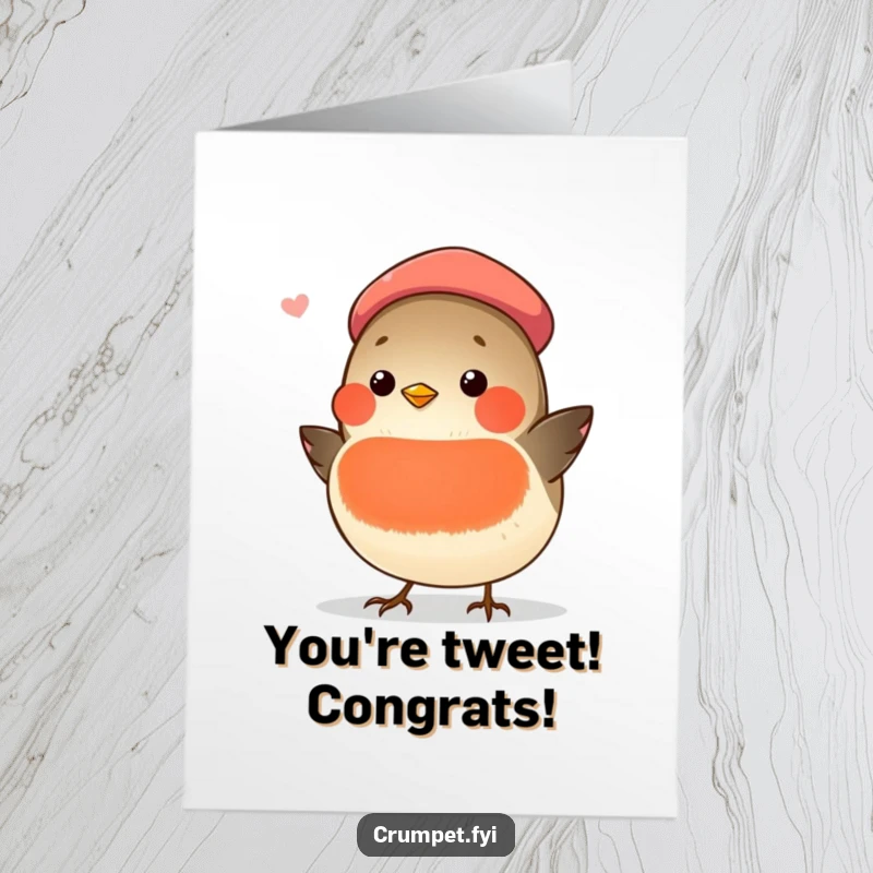 Funny Free Printable Congratulations Card: Chubby Robin Sings Triumphantly, Wearing a Beret, Celebrating Success