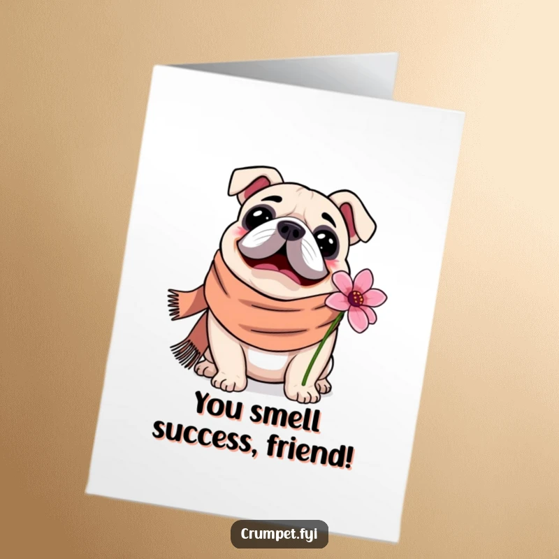 Funny Free Printable congratulations card showing a happy bulldog in a scarf enjoying a beautiful flower.