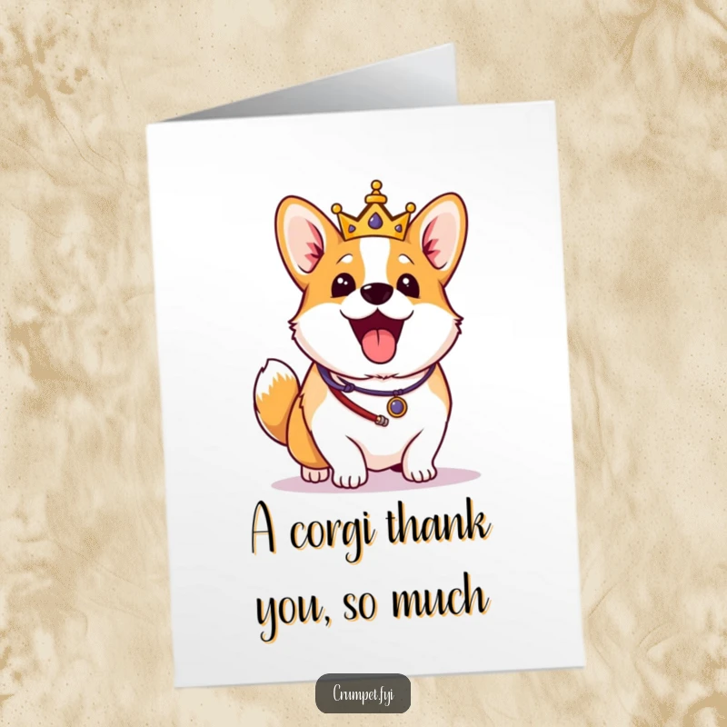 Funny Free Printable Thank You Card: Excited corgi in royal regalia wags tail vigorously, a happy thank you.