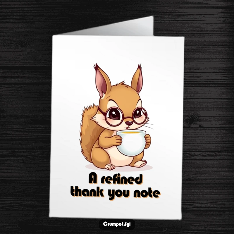 Funny Free Printable Thank You Card: A squirrel wearing a monocle sips tea with dignified grace. Downloadable gift.