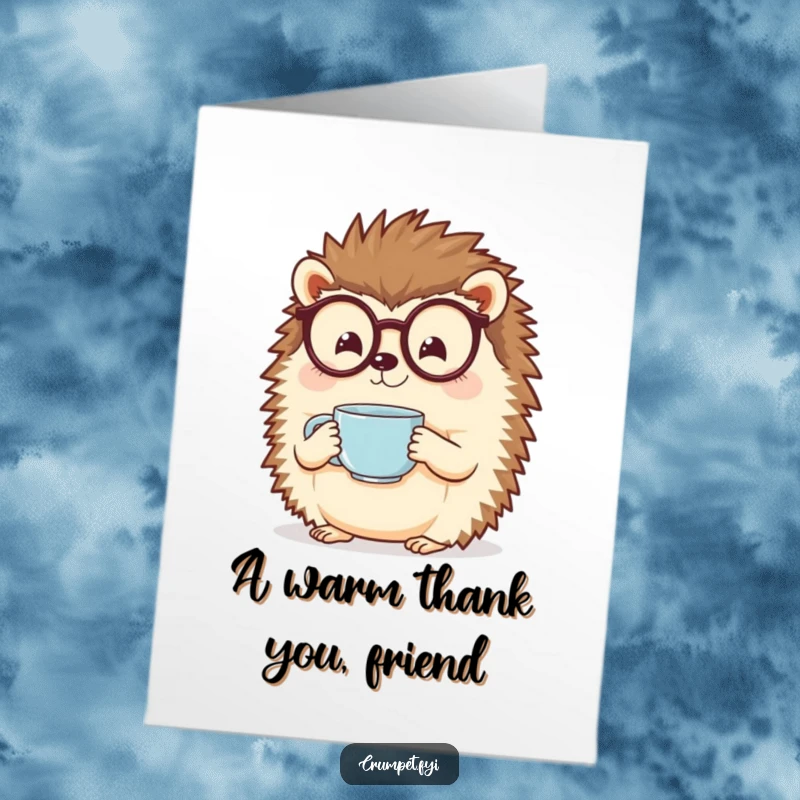 Funny Free Printable Thank You Card: A cheerful hedgehog wearing spectacles holds a small teacup with visible steam.