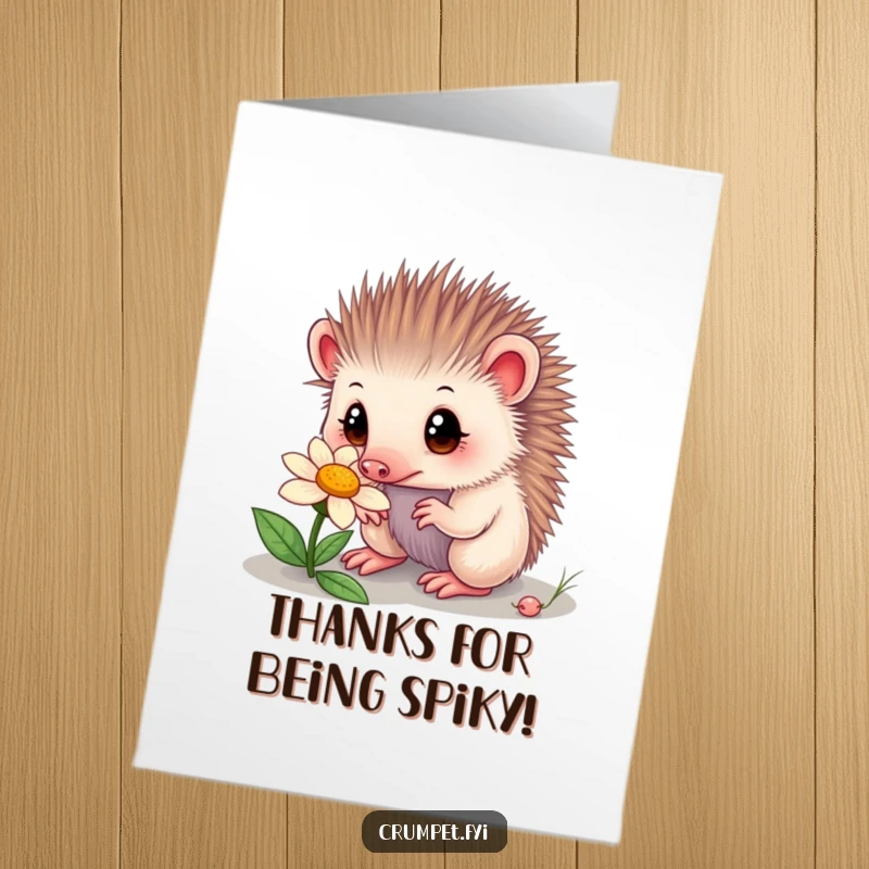 Funny Free Printable Echidna Thank You Card: A curious echidna with wide eyes sniffs a flower, sending thanks.