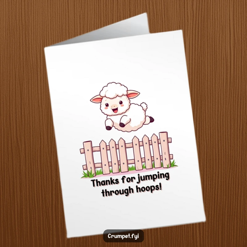 Funny Free Printable Thank You Card: A fluffy sheep leaping over a picket fence, giving a grateful nod.