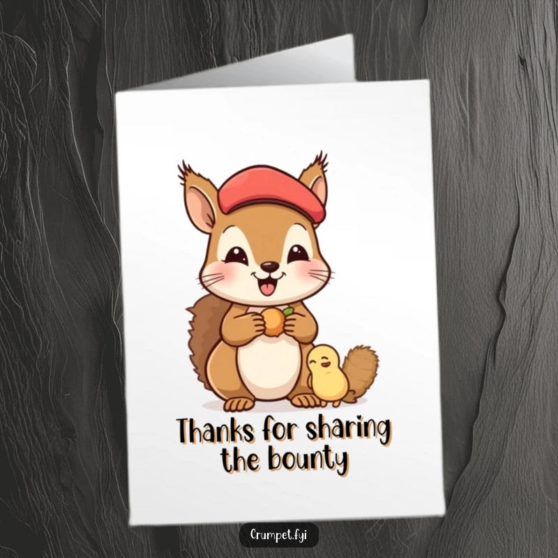 Funny Free Printable thank you card featuring a happy squirrel in a beret sharing nuts as a thank you.