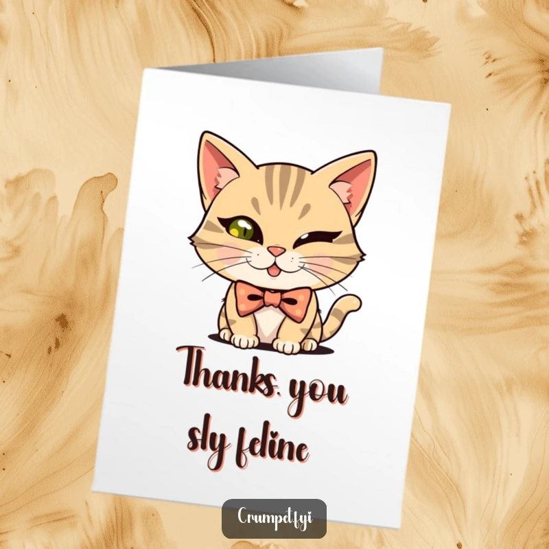 Funny Free Printable Thank You Card: Mischievous Cat in Bowtie Winks Charmingly, Expressing Thanks