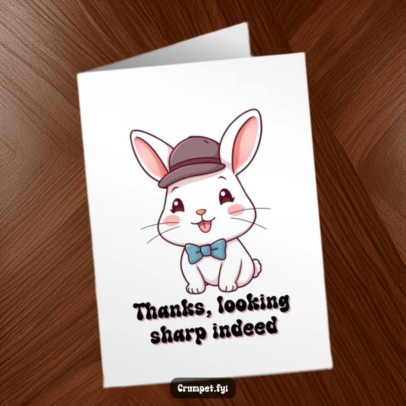 Funny Free Printable Thank You Card: A cheerful rabbit elegantly dressed in a bowler hat and bow tie.