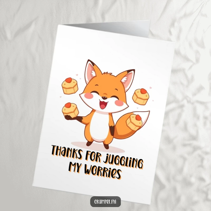 Funny free printable thank you card: a delighted fox performs a delightful juggling act with three perfect miniature scones.
