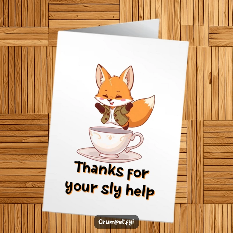 Funny Free Printable Thank You Card: A playful fox in a tweed jacket leaps over a teacup, offering a stylish thank you.