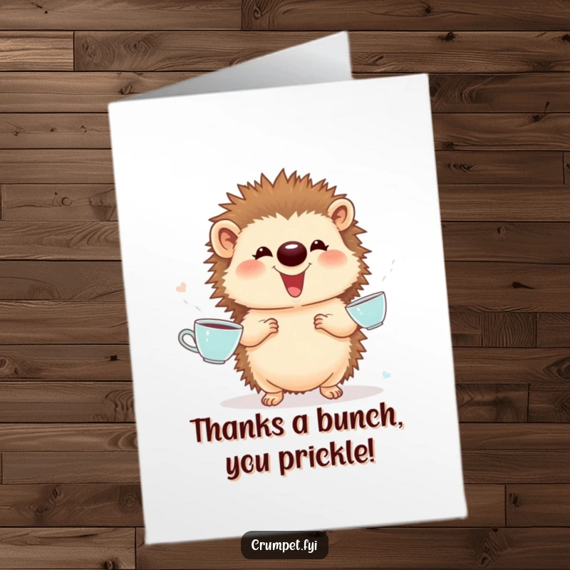 Funny Free Printable Thank You Card: A happy hedgehog juggles teacups, sending gratitude with a smile.