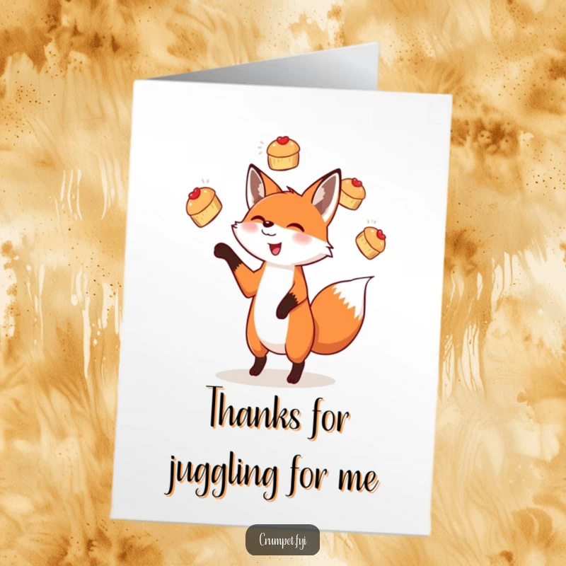 Funny Free Printable Thank You Card: A delighted fox balancing three small scones while juggling them in the air.