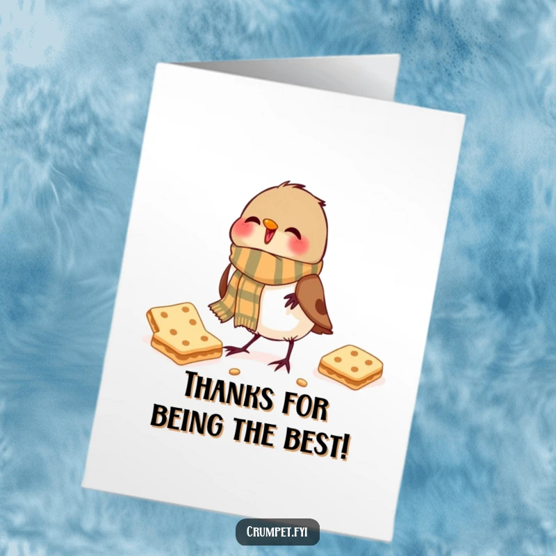 Funny Free Printable Thank You Card: A jubilant robin wearing a scarf happily pecks at a biscuit, a charming DIY gift.