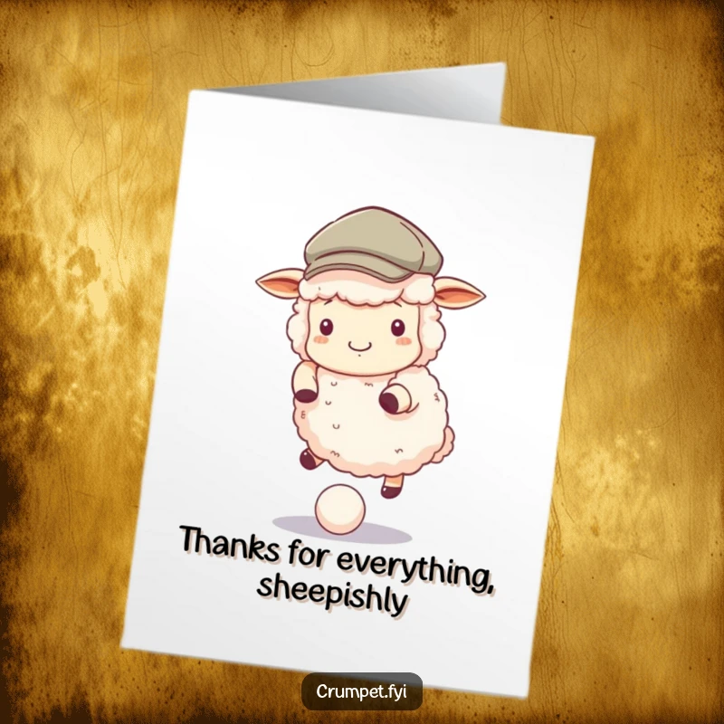 Funny Free Printable Thank You Card: A fluffy sheep in a flat cap bounces a ball, sending thanks with a cheerful spirit.