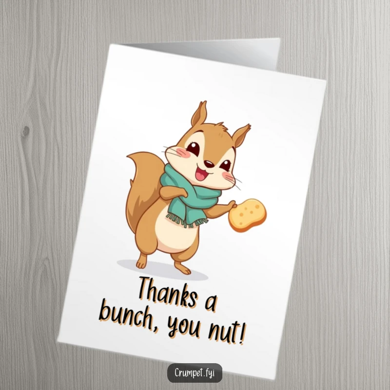 Funny Free Printable Thank You Card: A squirrel in a scarf jigs with a crumpet, expressing thanks cheerfully.