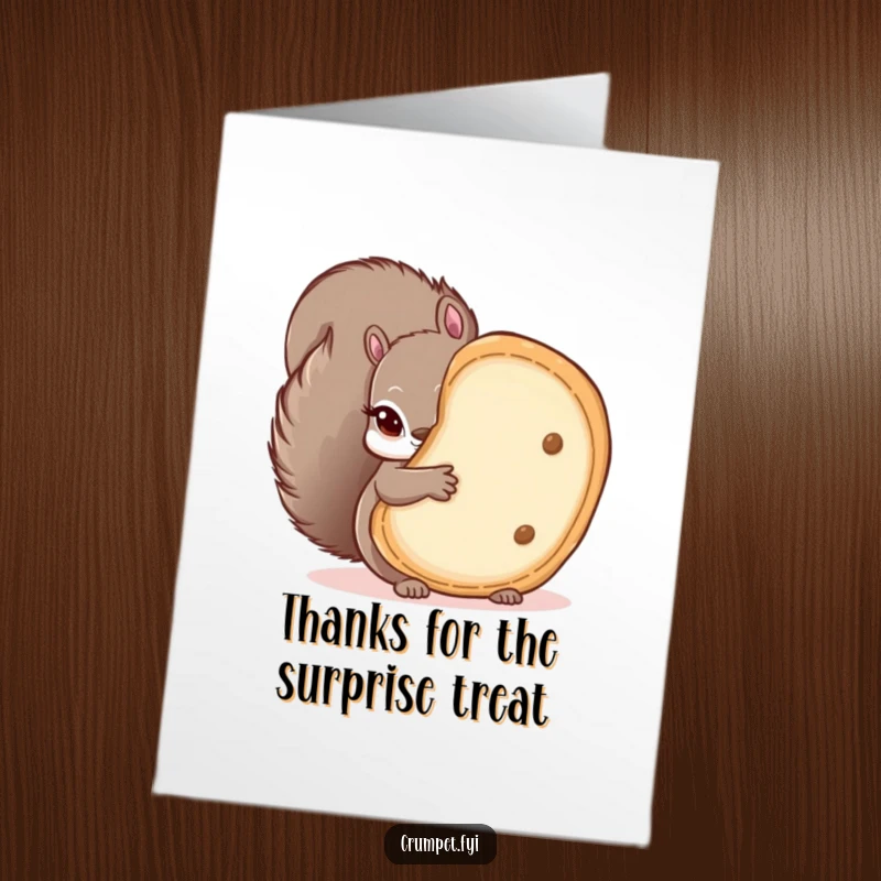 Funny Free Printable Thank You Card: A mischievous squirrel with wide eyes peeking from behind a large crumpet.