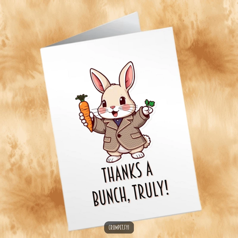 Funny Free Printable Thank You Card: A rabbit in a tweed jacket points enthusiastically with a carrot, a quirky DIY thank you.