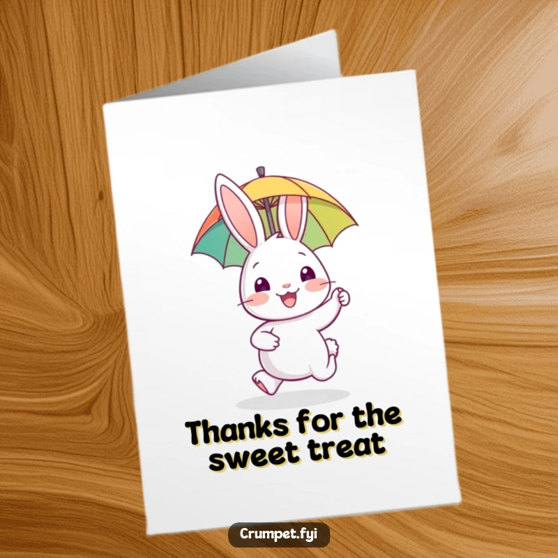 Funny Free Printable Thank You Card: Happy rabbit hopping with a tiny biscuit, a sweet way to say thank you.