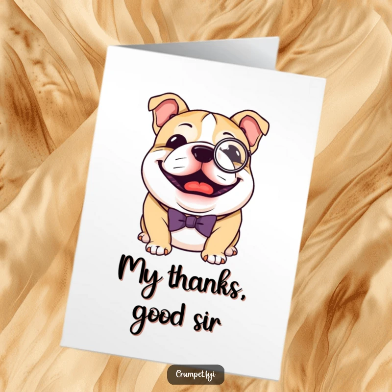 Funny Free Printable Thank You Card: A distinguished bulldog wearing a monocle and bow tie expresses sincere gratitude with a charming look.