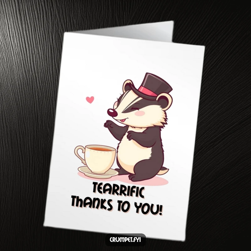 Funny Free Printable Thank You Card: A cheerful badger in a top hat jigs near tea, a delightful DIY gift.