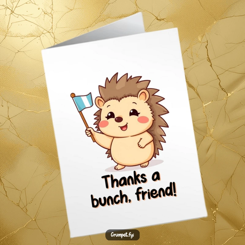 Funny Free Printable Thank You Card showing a happy hedgehog waving a small flag, a delightful DIY gesture.