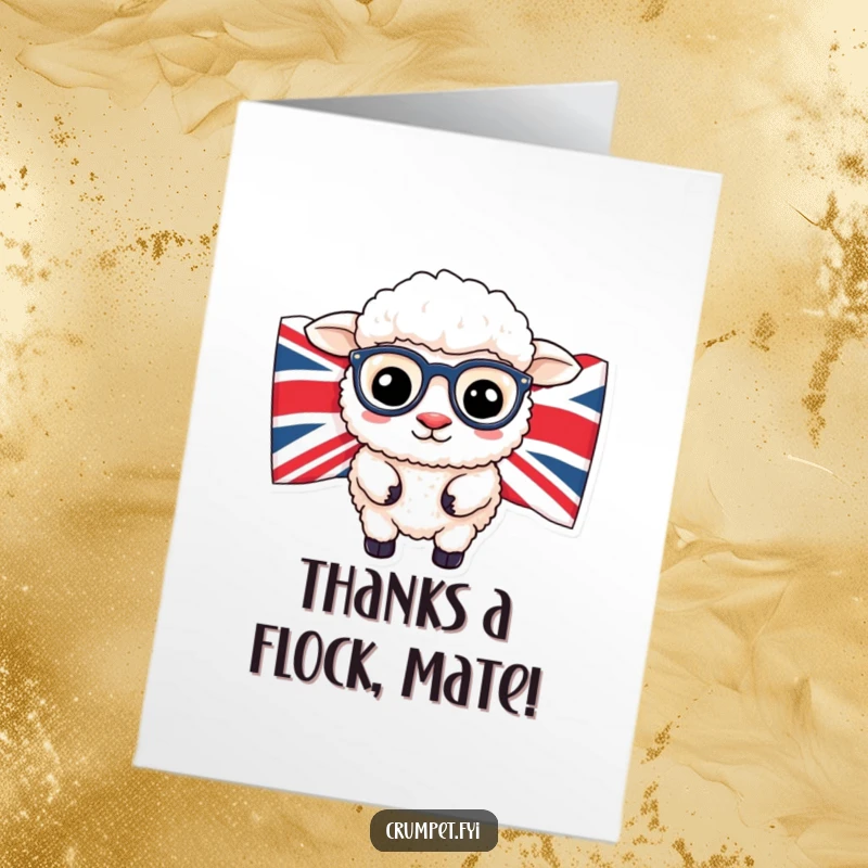 Funny Free Printable Thank You Card: A fluffy sheep with spectacles hides behind a Union Jack flag, offering thanks.