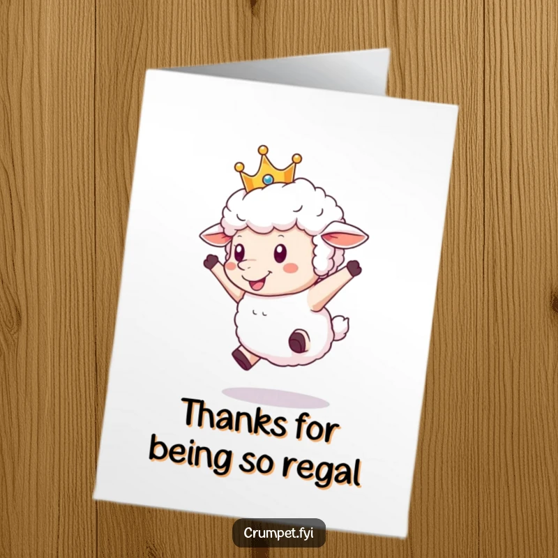 Funny Free Printable Thank You Card: A fluffy sheep wearing a crown leaps joyfully, expressing thanks with humor. Downloadable gift.