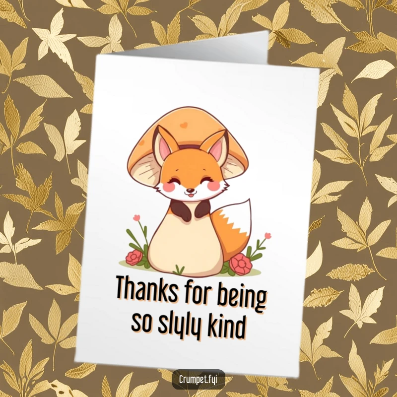 Funny Free Printable Thank You Card: A playful fox peeking from behind a giant mushroom, offering a silent, grateful thanks.