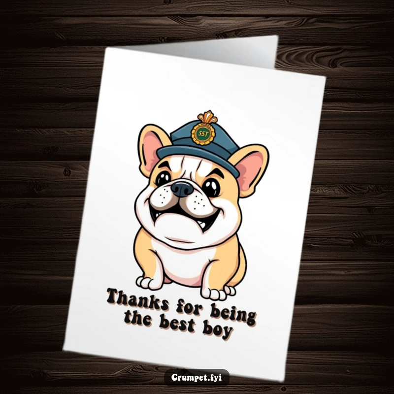 Funny Free Printable Thank You Card: Happy bulldog in ceremonial hat strikes a confident pose, a proud DIY gift.