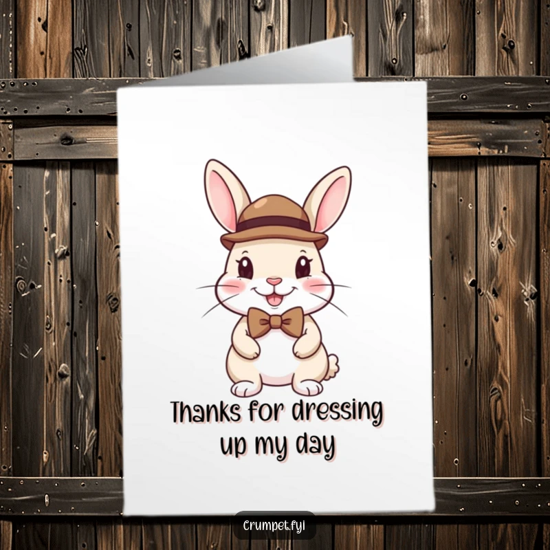 Funny free printable thank you card: a happy rabbit sporting a miniature bowler hat and a bow tie, looking quite distinguished.