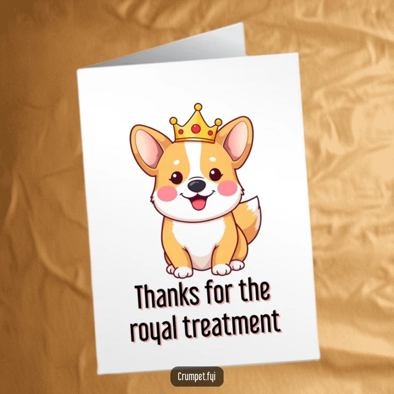 Funny Free Printable Thank You Card of a happy corgi wearing a crown and wagging its tail, great for a regal thank you.