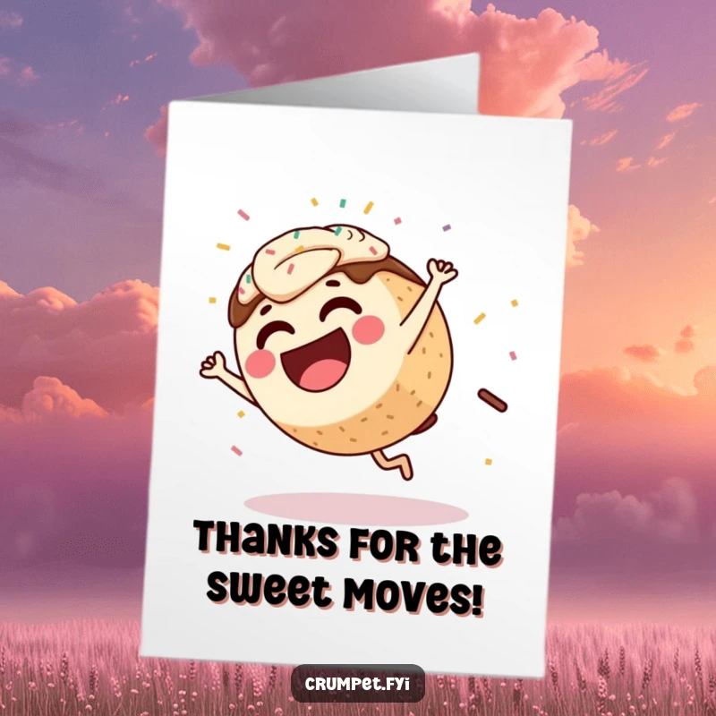 Funny free printable thank you card featuring a coffee cake character performing a cartwheel with sprinkles flying high.