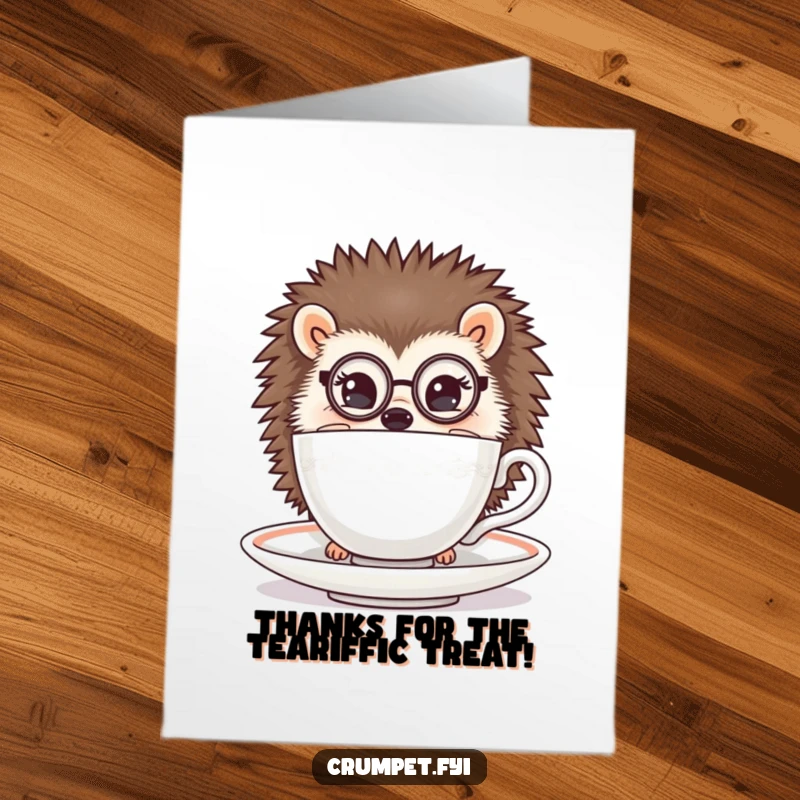 Funny Free Printable Thank You Card: A hedgehog wearing a monocle peers from behind a teacup, a quirky DIY thank you.