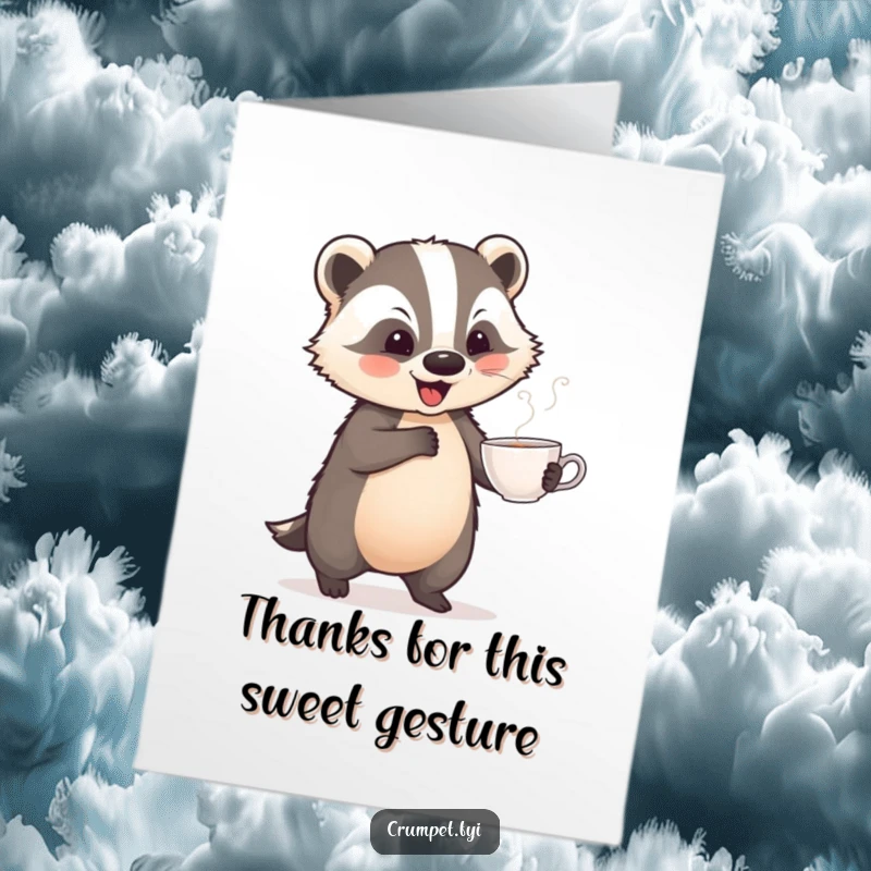 Funny Free Printable Thank You Card: A playful badger dances jauntily with a teacup, its happy moves expressing thanks.