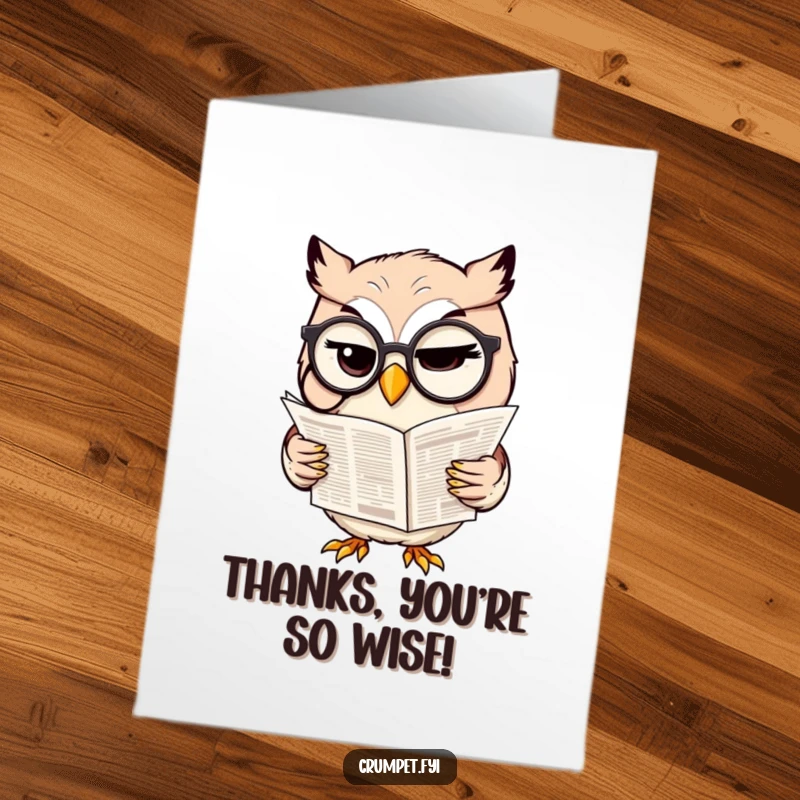 Funny Free Printable Thank You Card of a winking owl with a monocle reading a paper, a unique DIY thank you.
