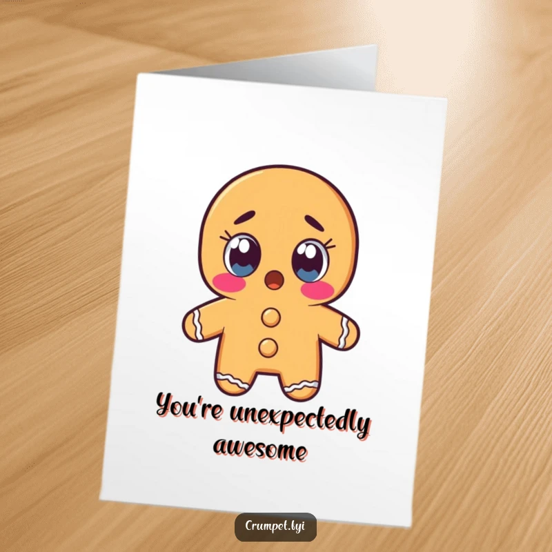 Funny Free Printable Thank You Card: Gingerbread man character with wide, shocked eyes, conveying surprise and amazement at unexpected kindness.