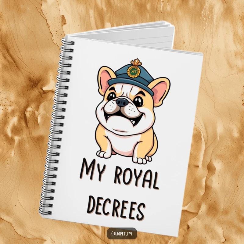 Funny Notebook: A happy bulldog wearing a ceremonial hat strikes a confident pose, perfect for planning with flair.