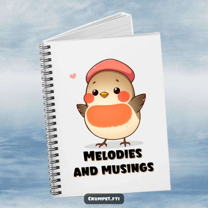 Funny chubby robin wearing a beret, singing, on the cover of a notebook, ideal for funny gift.