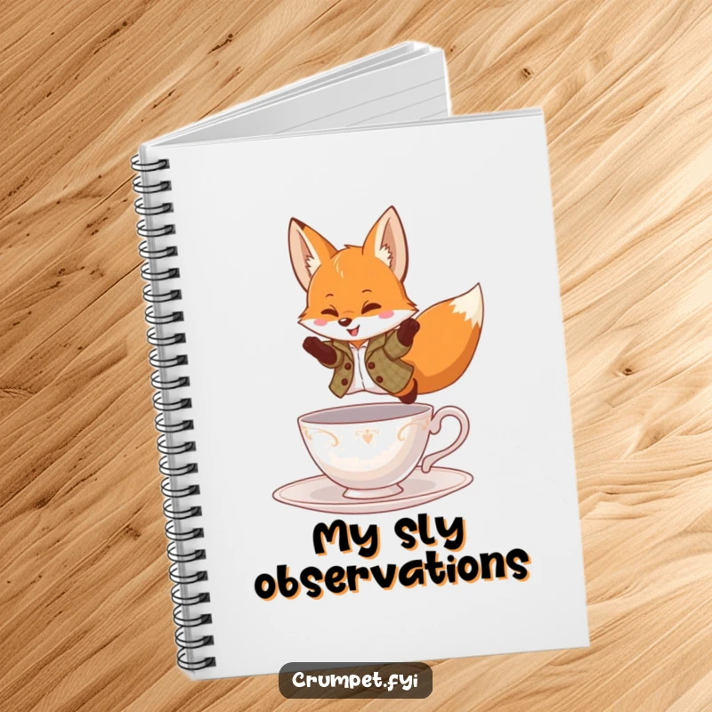 Funny Notebook featuring a playful fox in a tweed jacket, leaping over a teacup, ideal for jotting down witty thoughts.
