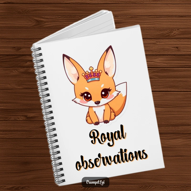 Funny notebook cover with a curious fox looking closely at a small royal crest, inspiring creative and humorous writing.