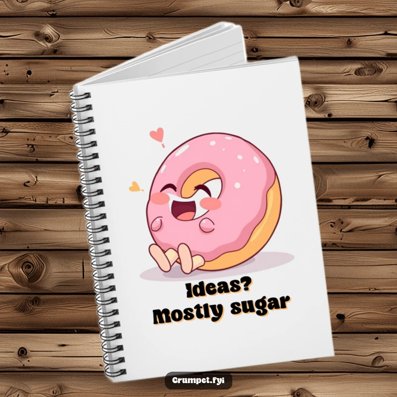 Funny donut character rolling on the ground with laughter on a notebook, encouraging fun note-taking.