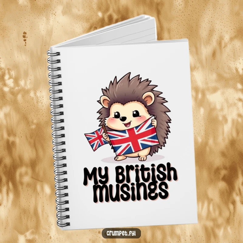 Funny happy hedgehog notebook holding a Union Jack flag, perfect for jotting down ideas with patriotic flair.